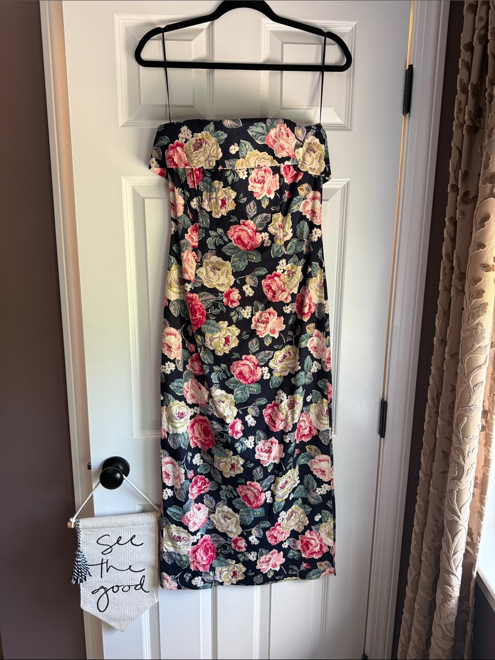 Strapless Floral Midi Dress in Navy and Rose